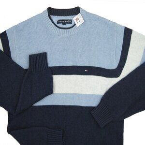 NEW Tommy Hilfiger Lambswool Sweater! S or M Blue Navy White Stripe Tommy Flag